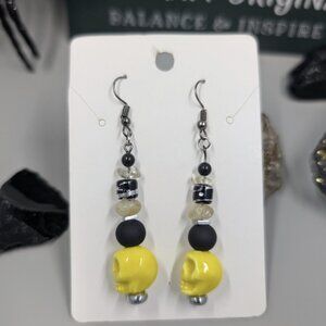 Bright Citrine & Yellow Skull Dangle Earrings with Gunmetal Hardware